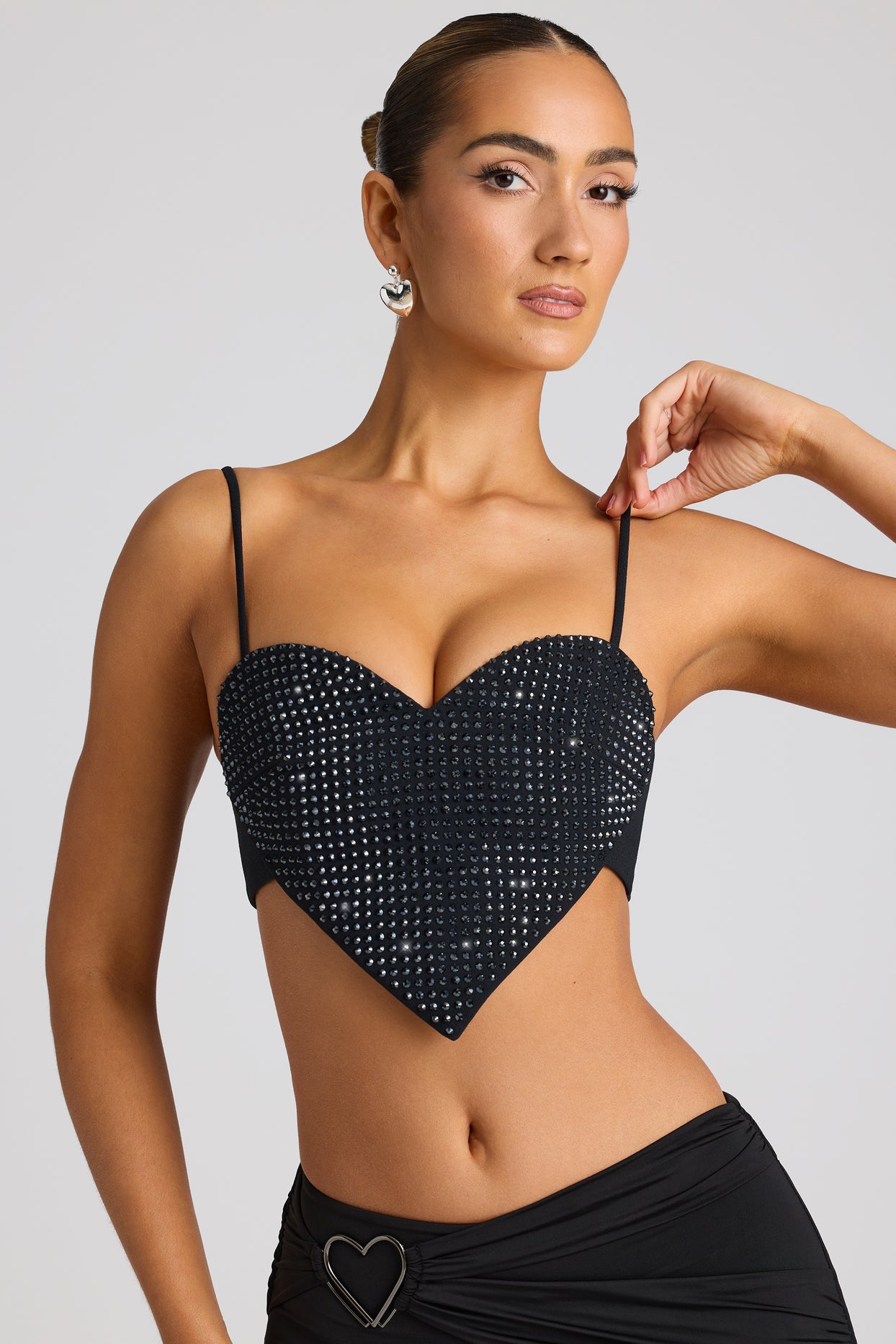 Embellished Heart Detail Crop Top in Black - 8