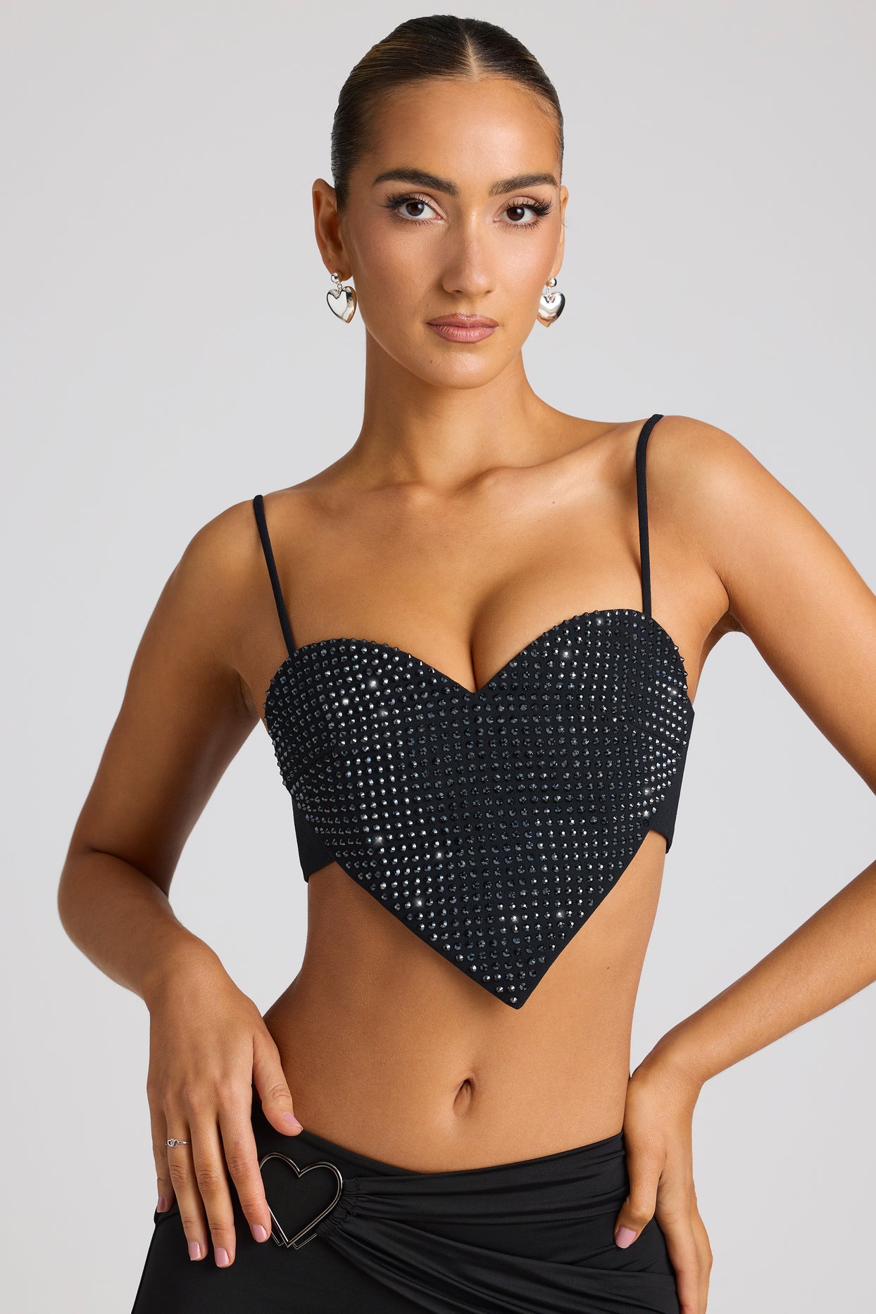 Embellished Heart Detail Crop Top in Black - 9