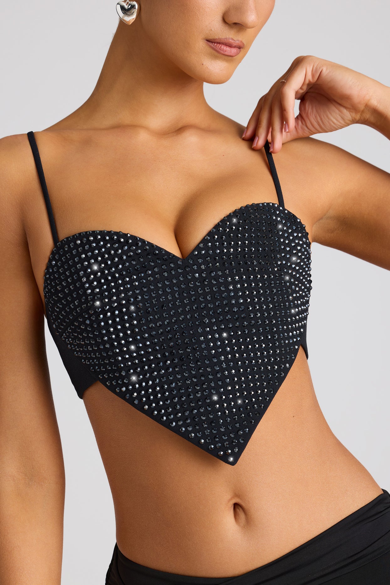 Embellished Heart Detail Crop Top in Black - 4