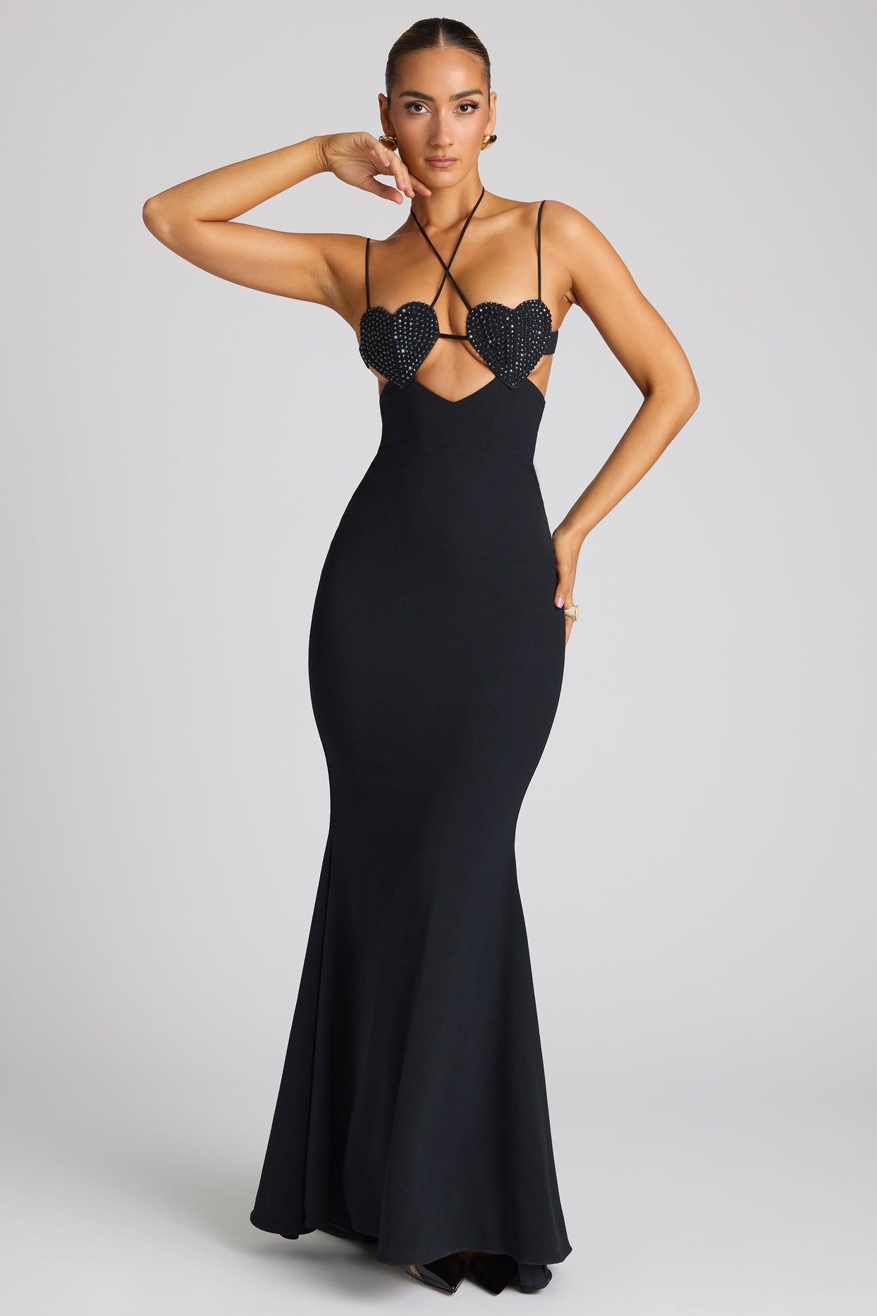 Embellished Heart Cup Detail Evening Gown in Black