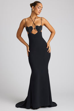 Embellished Heart Cup Detail Evening Gown in Black