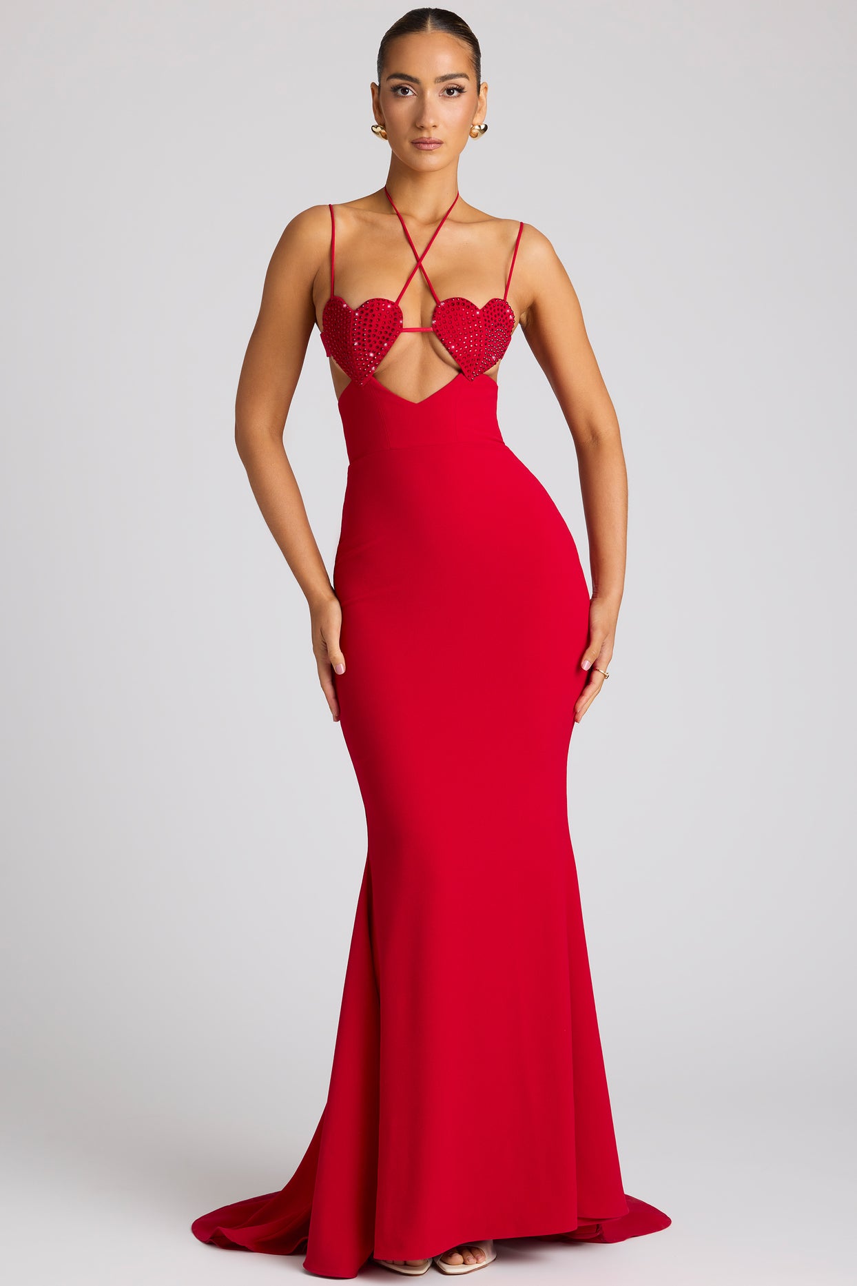 Embellished Heart Cup Detail Evening Gown in Fire Red