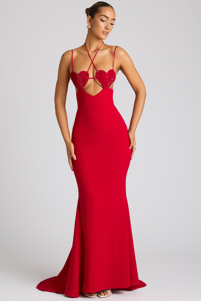 Suknia wieczorowa z ozdobnymi miseczkami w kształcie serca w kolorze ognistej czerwieni