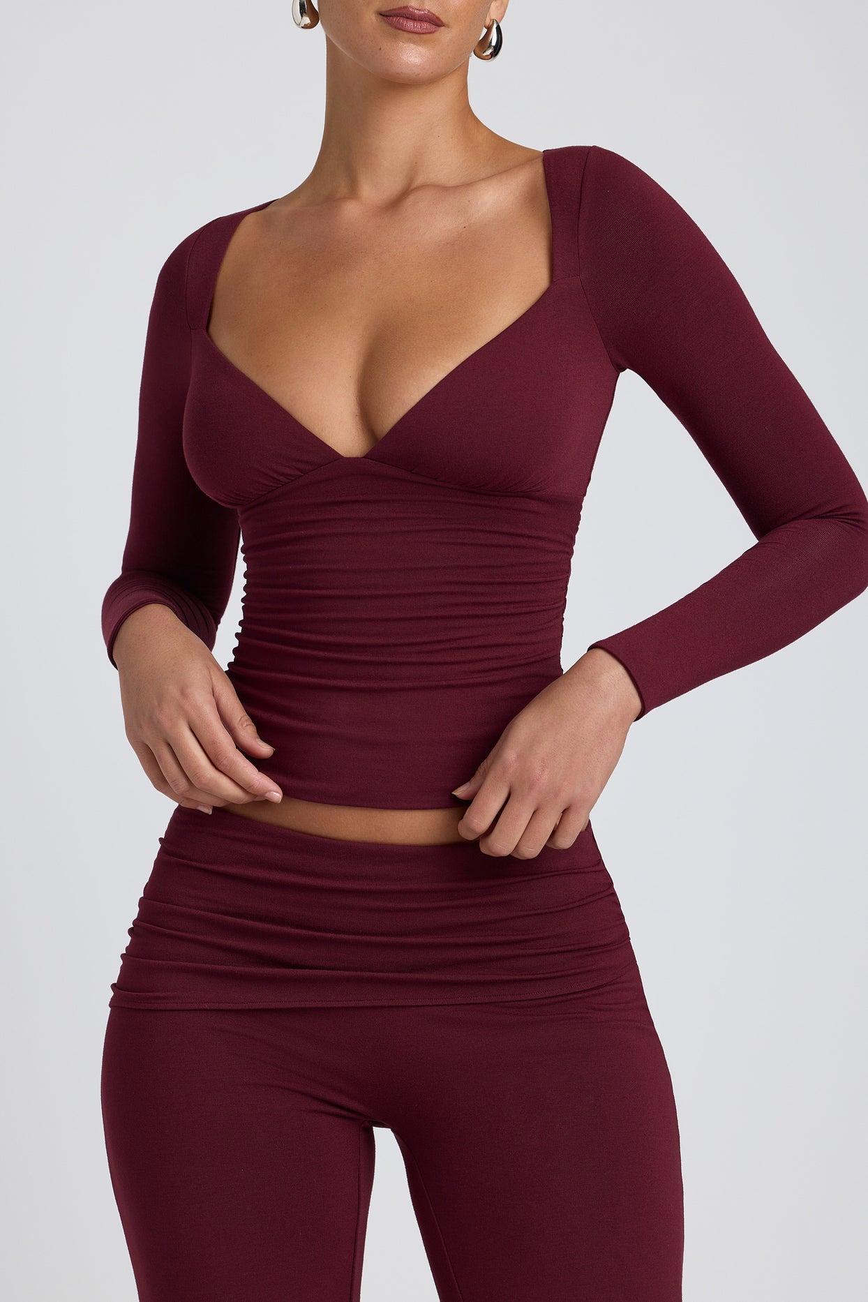 Modal Ruched Long-Sleeve Top in Plum
