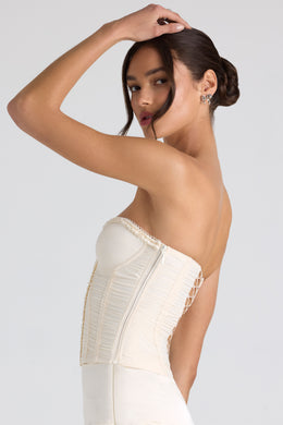 Ruched Lace-Up Strapless Corset Top in Ivory