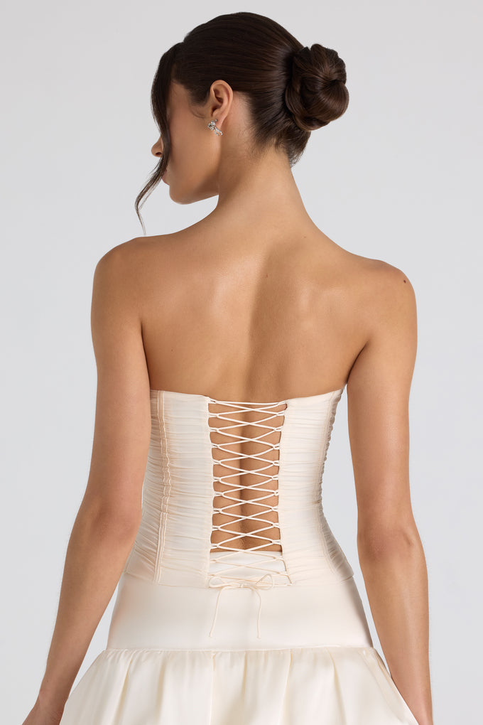 Ruched Lace-Up Strapless Corset Top in Ivory