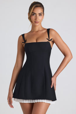 Bow-Embellished Pleated A-Line Mini Dress in Black