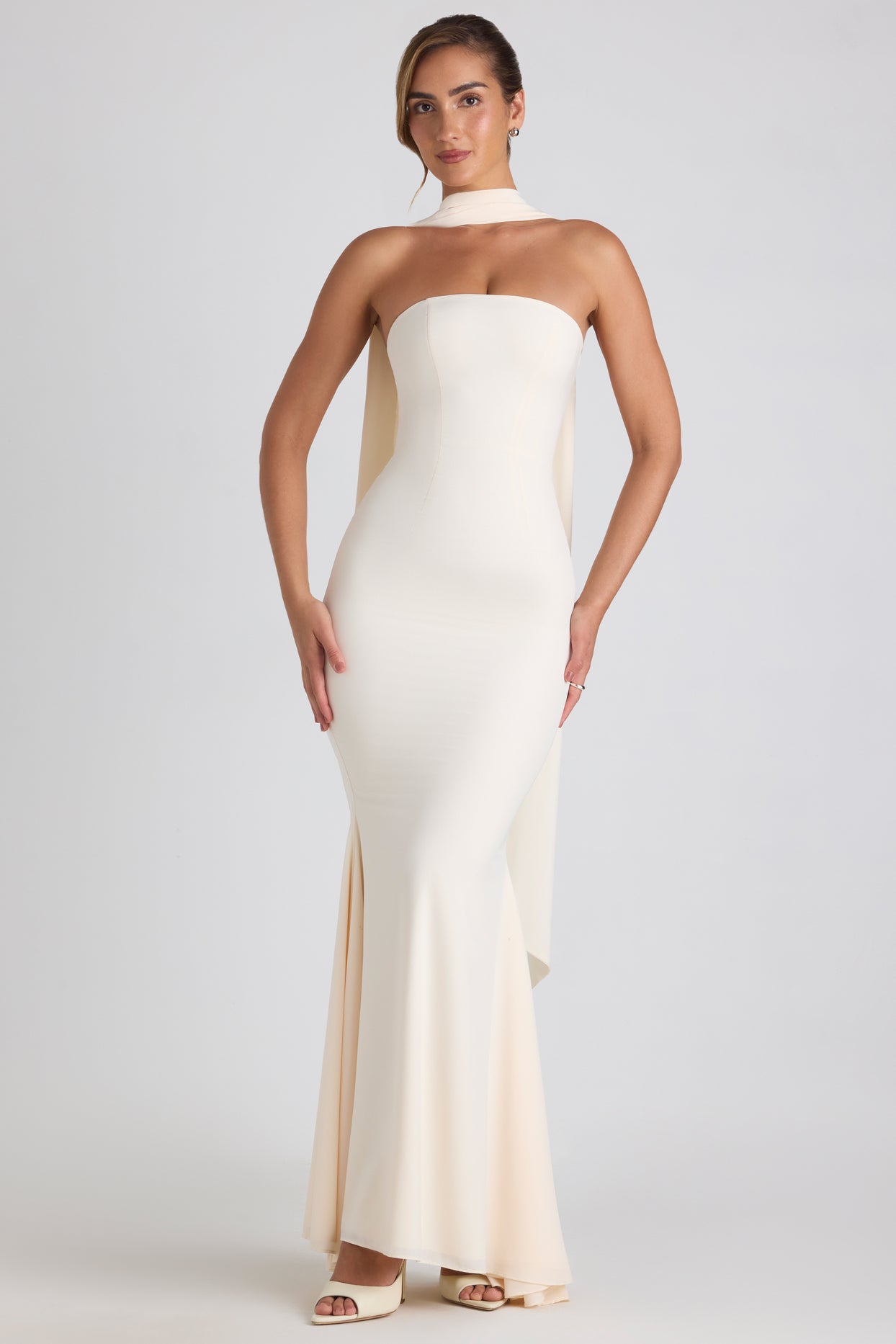 Scarf-Detail Strapless Gown in Ivory