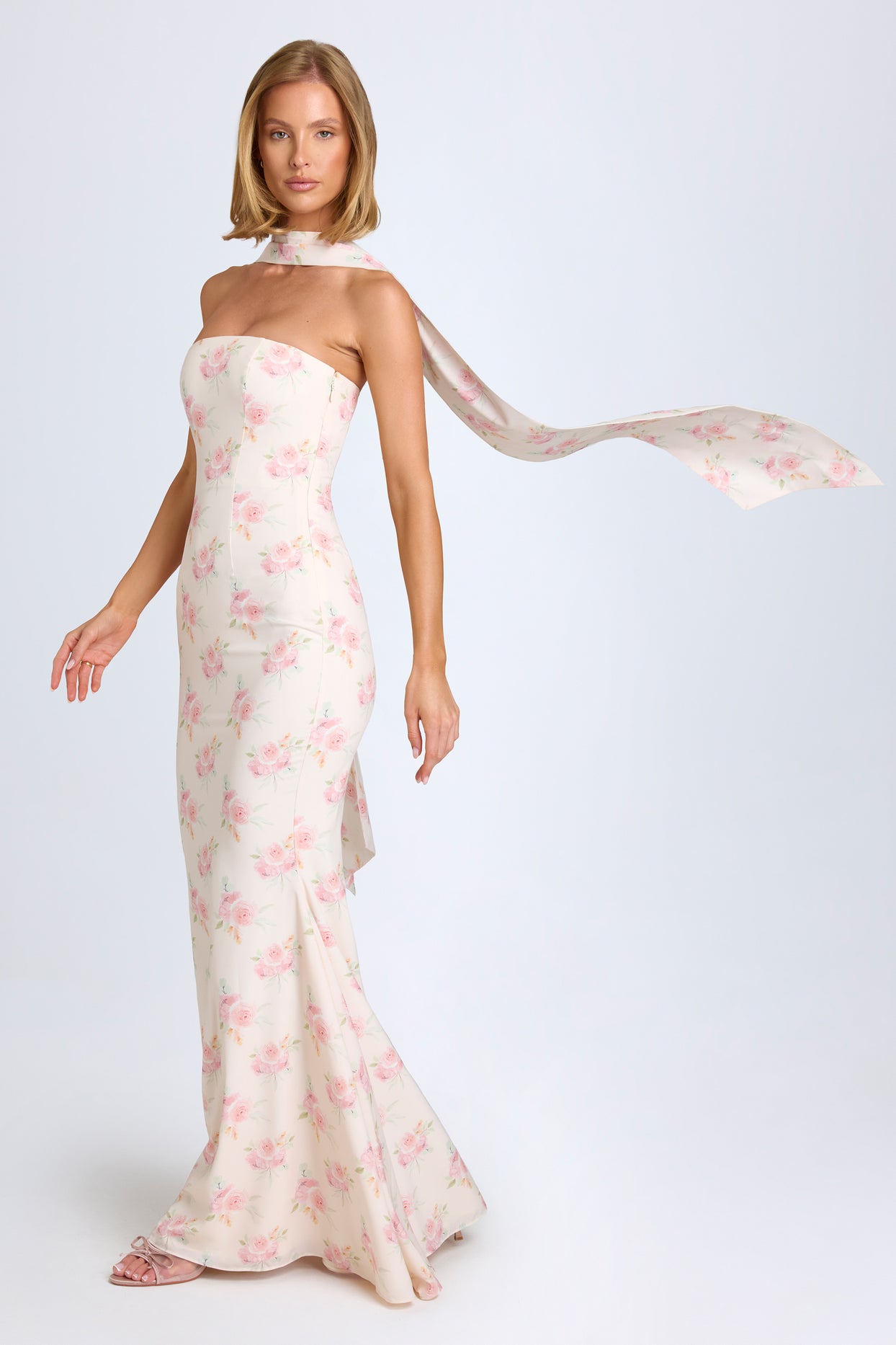 Imogene Scarf-Detail Strapless Gown in Rose Print | Oh Polly Imogene Scarf-Detail Strapless Gown in Rose Print | Oh Polly