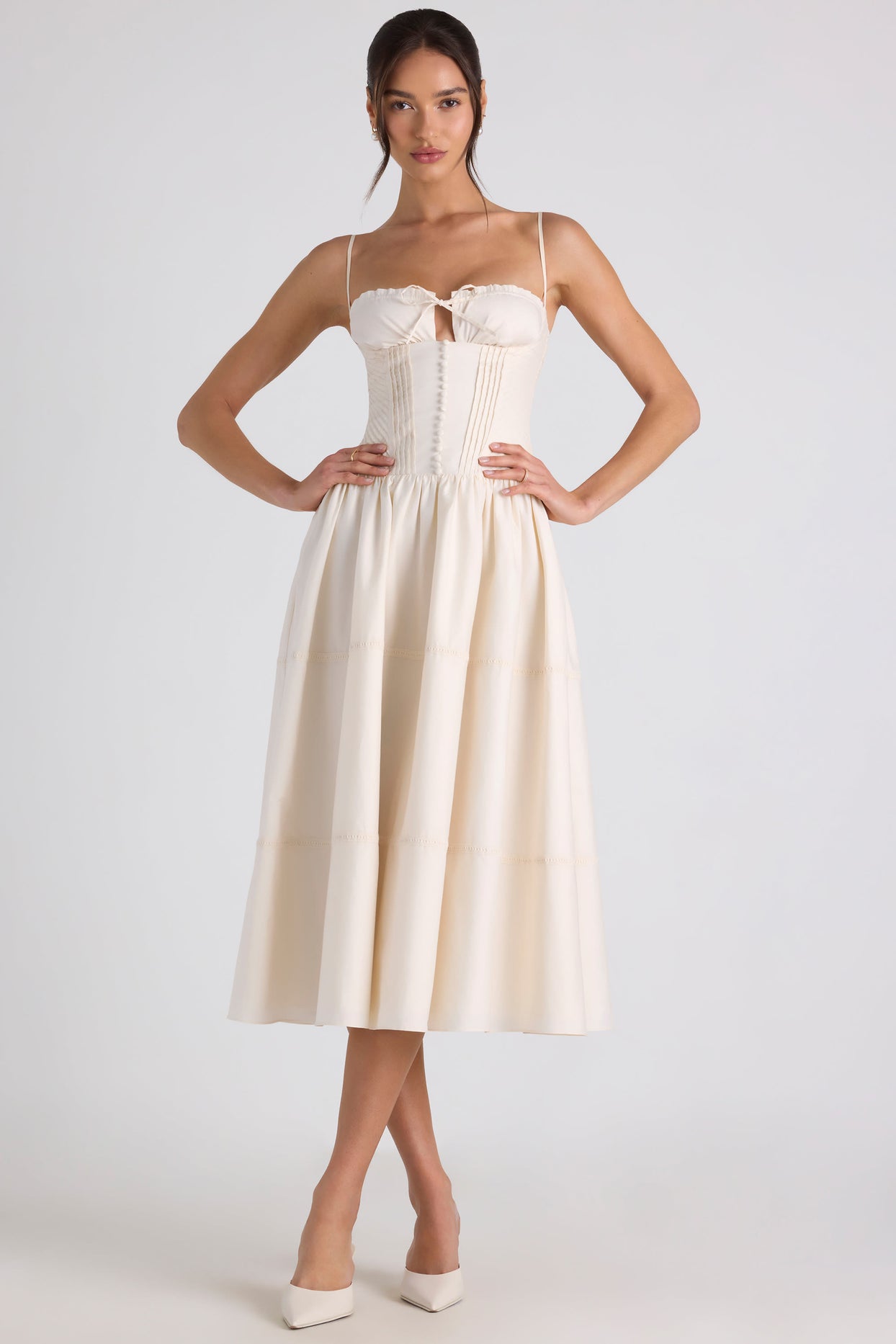 Lace-Trim Pintucked Poplin Midaxi Dress in Ivory - 5