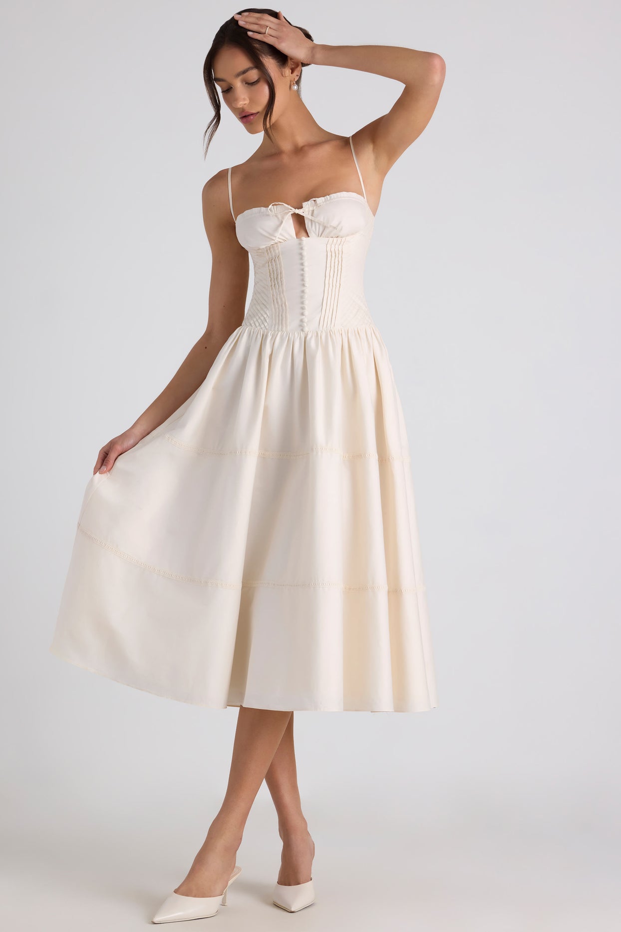 Lace-Trim Pintucked Poplin Midaxi Dress in Ivory - 6