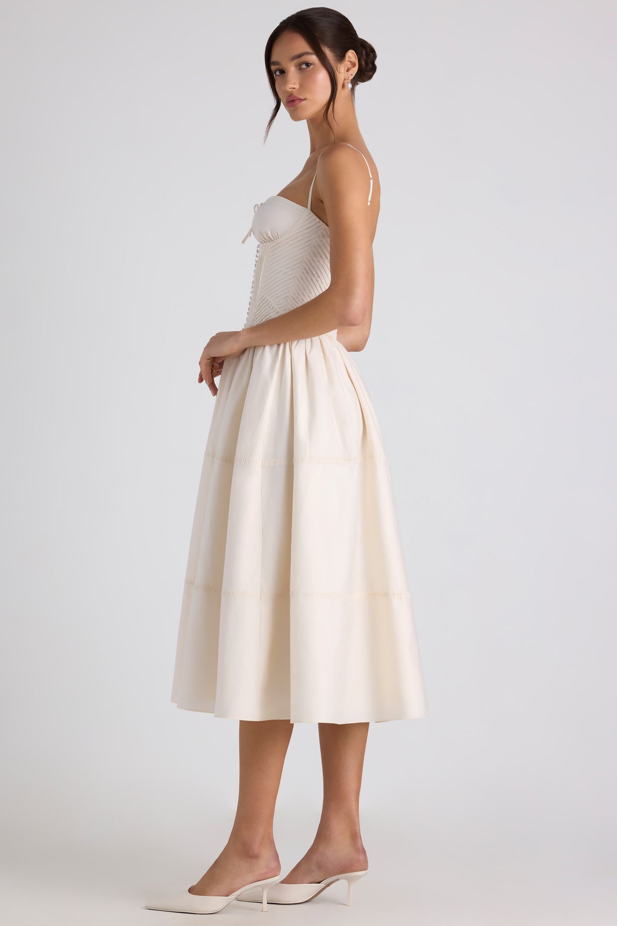 Lace-Trim Pintucked Poplin Midaxi Dress in Ivory - 3