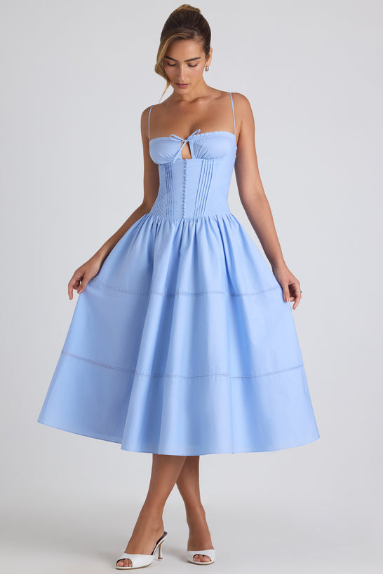 Lace-Trim Pintucked Poplin Midaxi Dress in Sky Blue