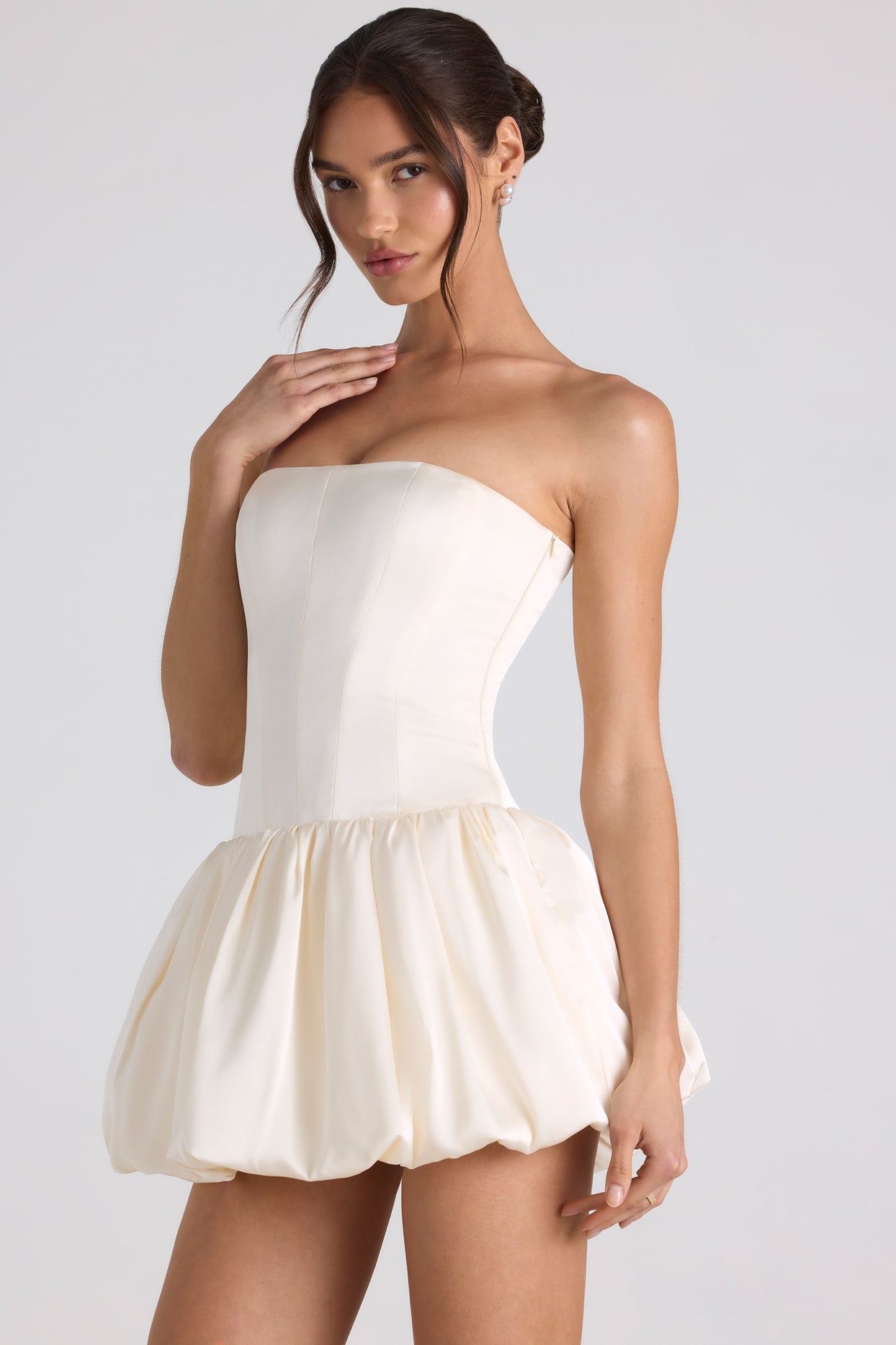 Fabiola Lace-Up Bubble Hem Corset Mini Dress in Ivory