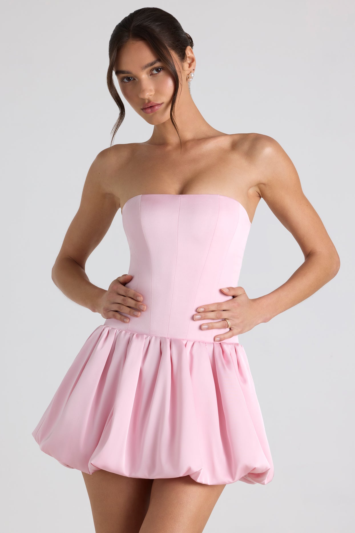 Lace-Up Bubble Hem Corset Mini Dress in Soft Pink