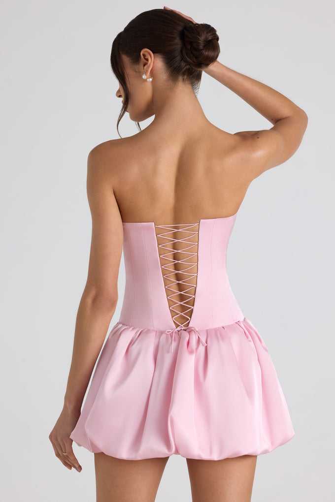 Lace-Up Bubble Hem Corset Mini Dress in Soft Pink