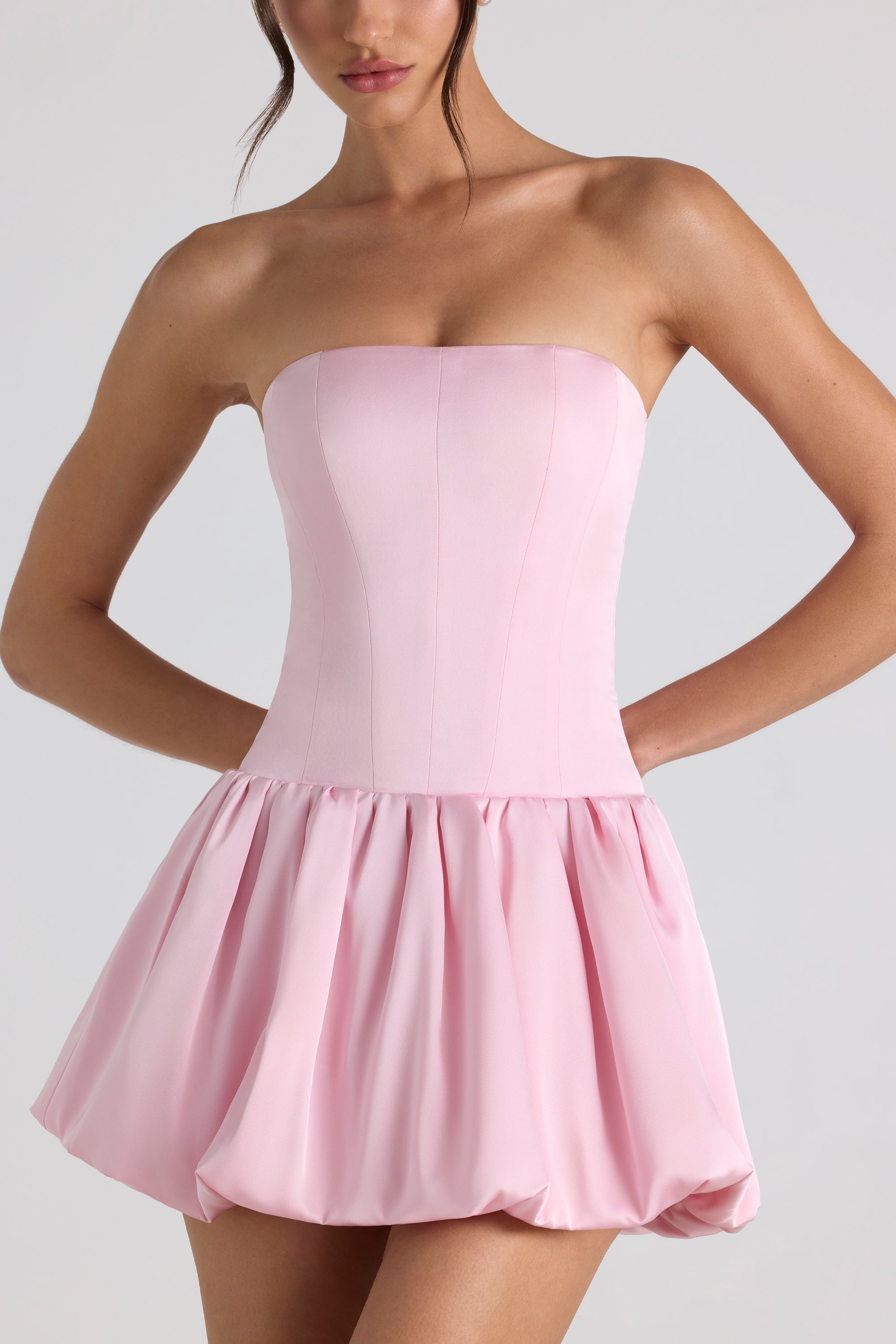 pink puffy short dress Fabiola Lace-Up Bubble Hem Corset Mini Dress in Soft Pink