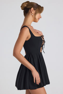 Tie-Detail A-Line Micro Mini Dress in Black