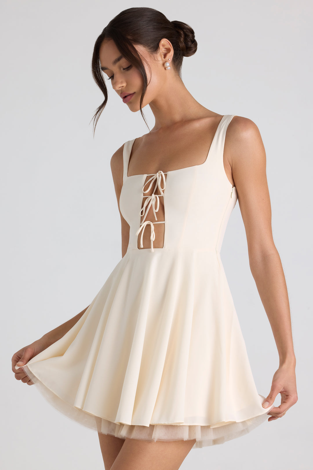 Nanisca Tie-Detail A-Line Micro Mini Dress in Ivory