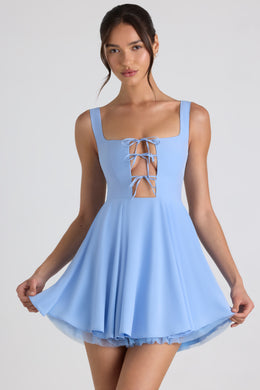 Tie-Detail A-Line Micro Mini Dress in Sky Blue