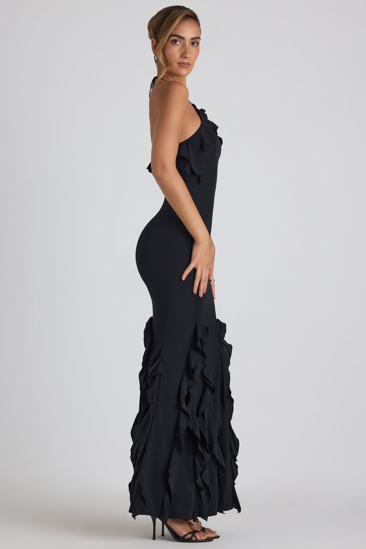 Ruffle-Trim Halterneck Gown in Black