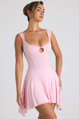 Modal Asymmetric Lace-Trim A-Line Mini Dress in Soft Pink