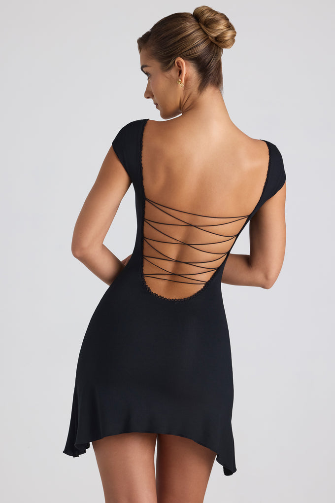 Modal Asymmetric Lace-Up A-Line Mini Dress in Black