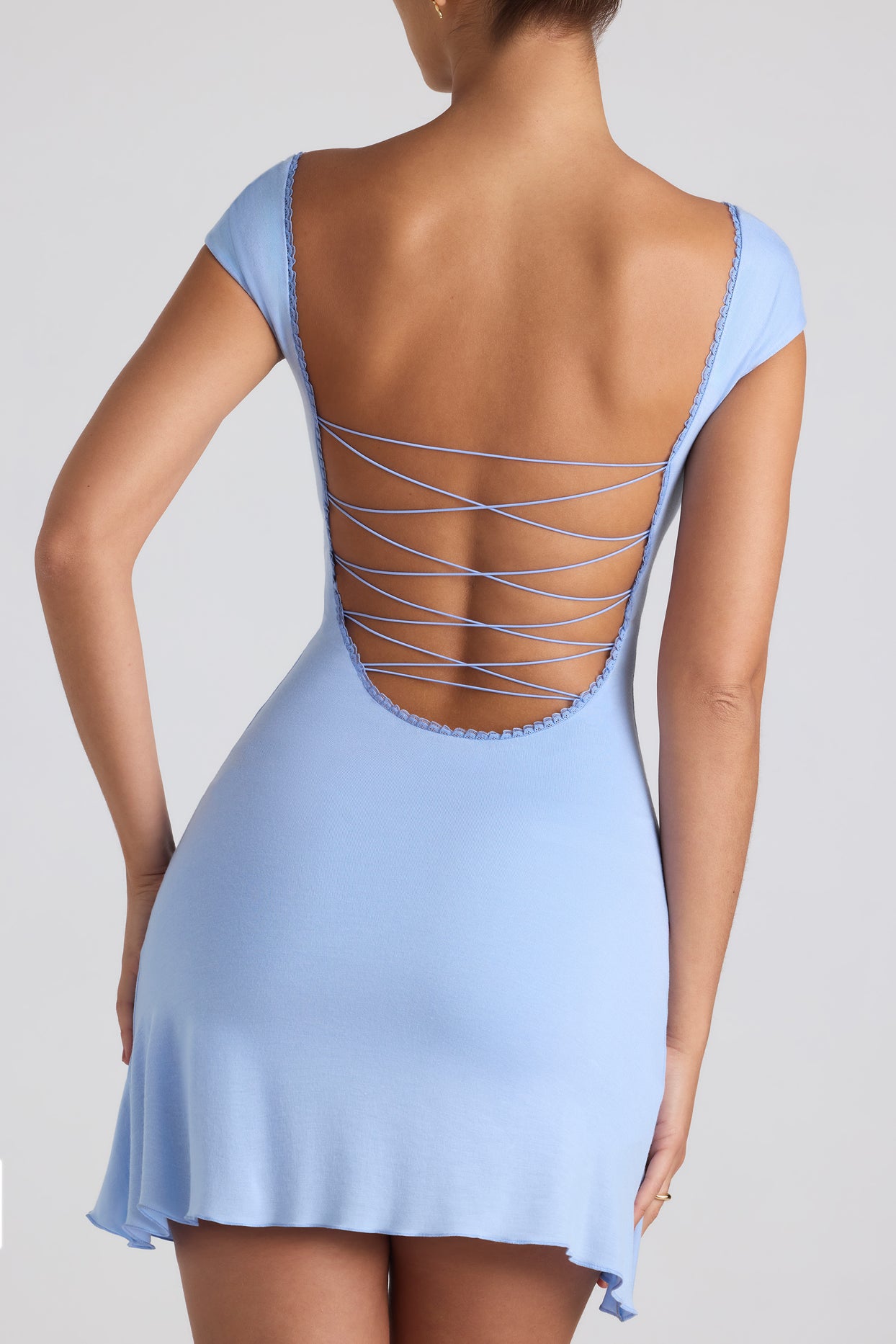 Modal Asymmetric Lace-Up A-Line Mini Dress in Sky Blue