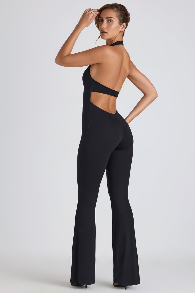 Modal Lace-Trim Cut-Out Flared Jumpsuit in Black - 1