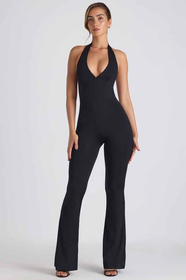 Modal Lace-Trim Cut-Out Flared Jumpsuit in Black - 2