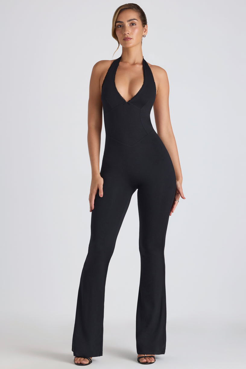 Modal Lace-Trim Cut-Out Flared Jumpsuit in Black - 2