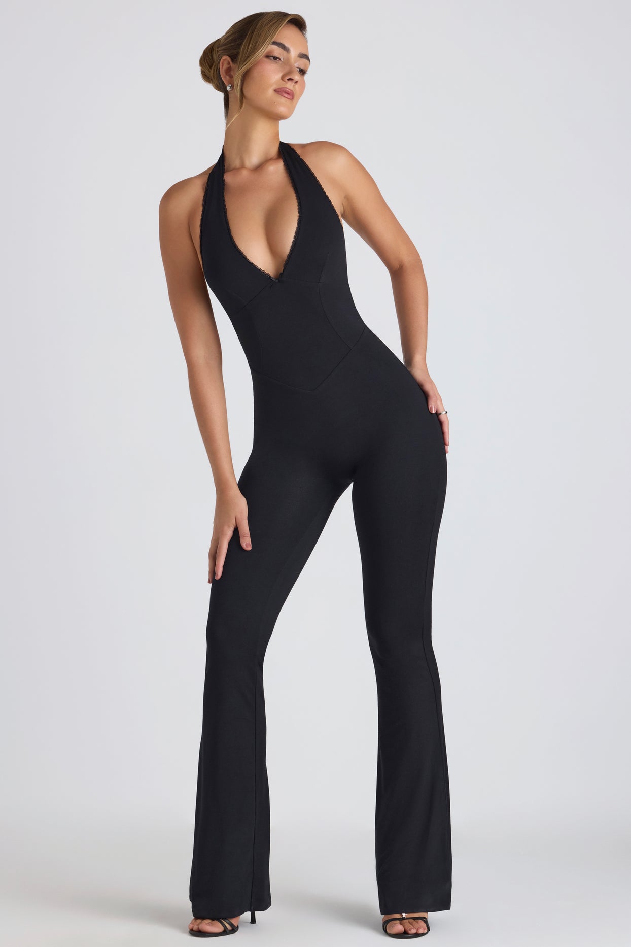 Modal Lace-Trim Cut-Out Flared Jumpsuit in Black