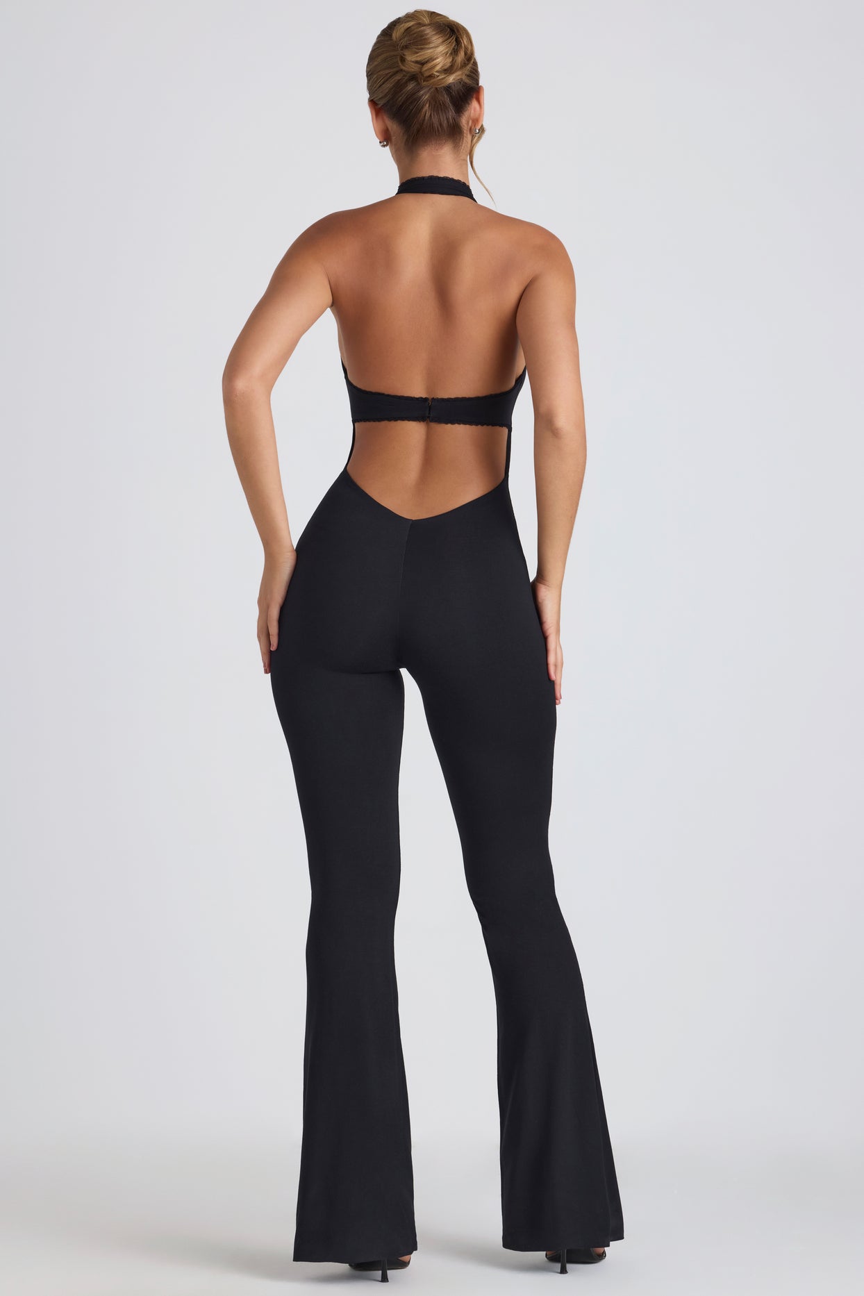 Modal Lace-Trim Cut-Out Flared Jumpsuit in Black