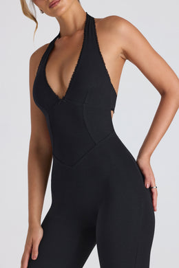 Petite Modal Lace-Trim Cut-Out Flared Jumpsuit in Black