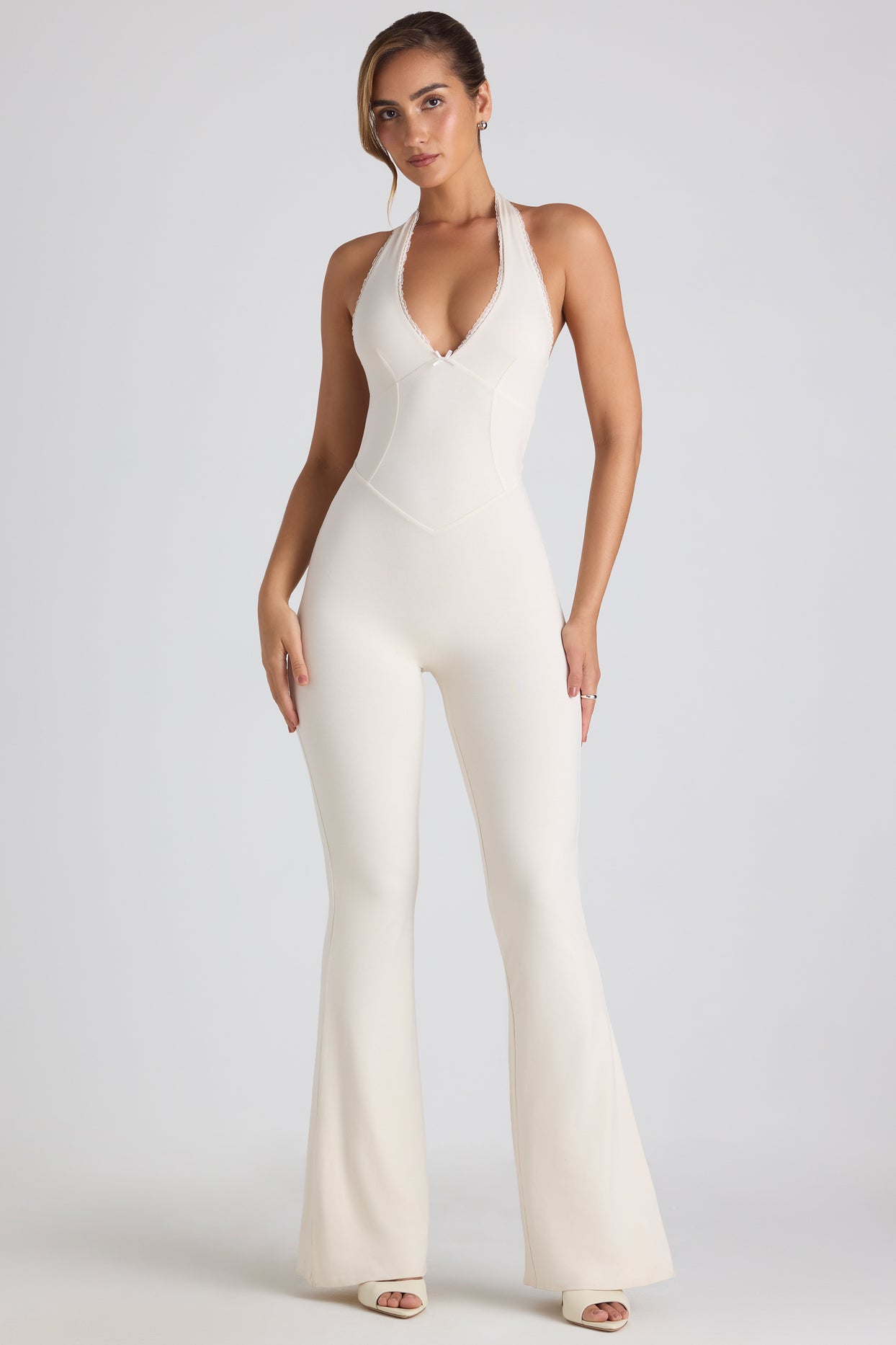 Modal Lace-Trim Cut-Out Flared Jumpsuit in Ivory - 5