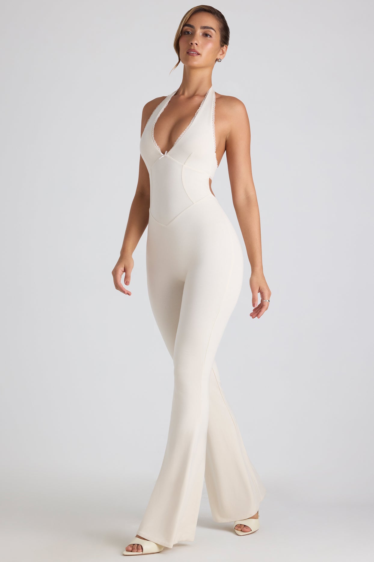 Modal Lace-Trim Cut-Out Flared Jumpsuit in Ivory - 3