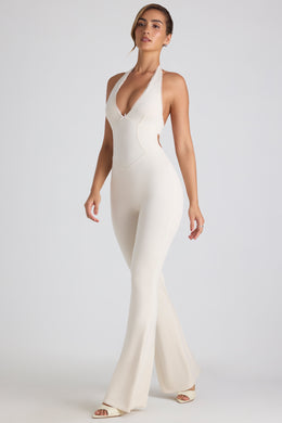 Tall Modal Lace-Trim Cut-Out Flared Jumpsuit in Ivory