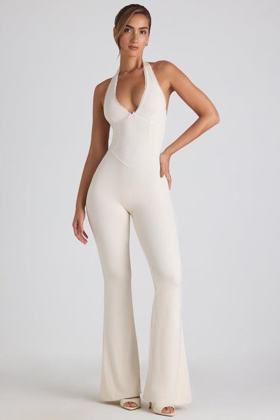 Petite Modal Lace-Trim Cut-Out Flared Jumpsuit in Ivory