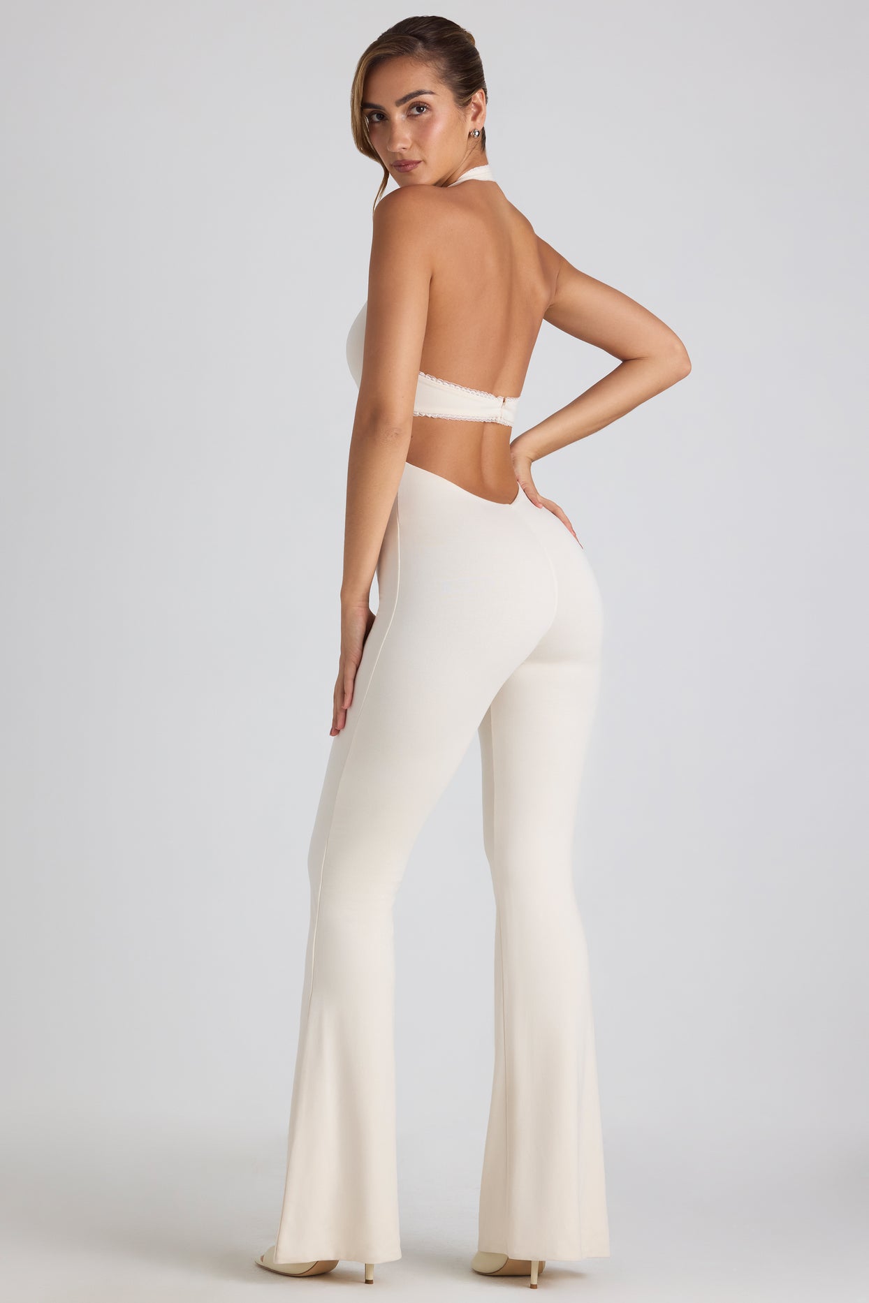 Petite Modal Lace-Trim Cut-Out Flared Jumpsuit in Ivory