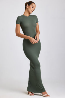 Ribbed Modal Maxi Dress in Khaki Green