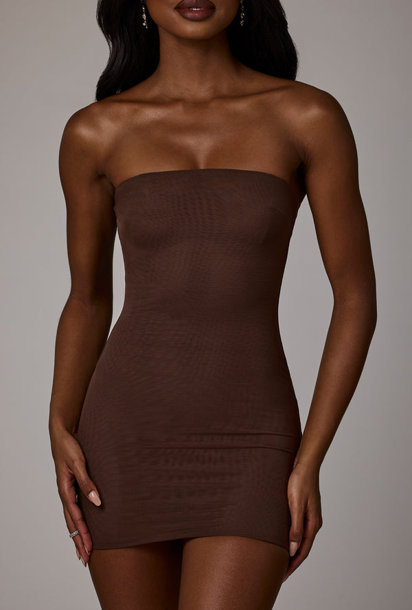 Soft Sheer-Mesh Bandeau Mini Slip Dress in Deep Cocoa - 1