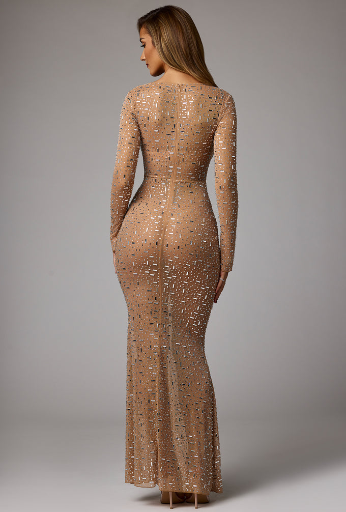 Sheer Embellished Long Sleeve Evening Gown in Almond