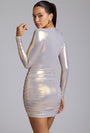 Long Sleeve Metallic Jersey Mini Dress in Light Gold