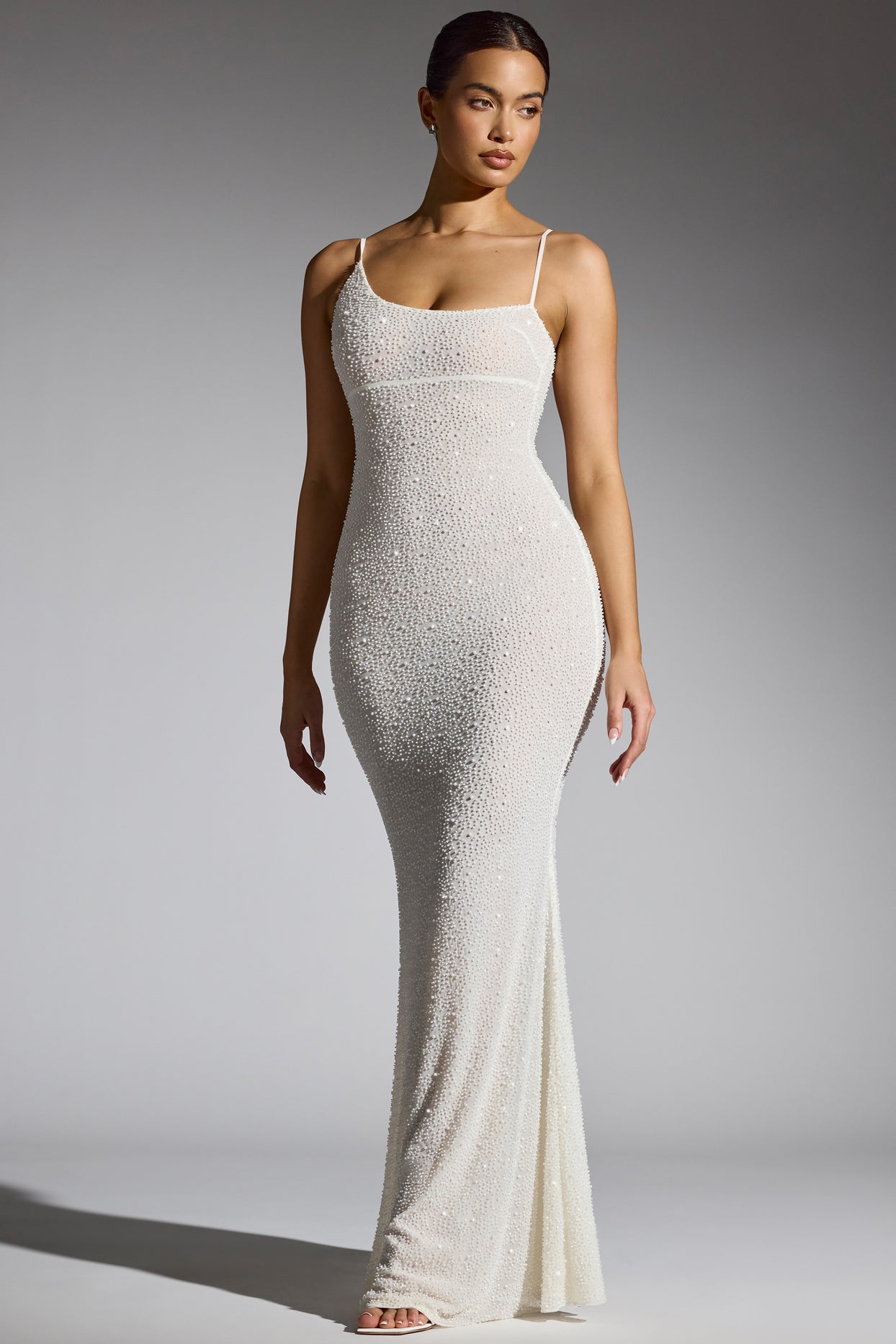 Embellished Asymmetric Maxi Dress in White
