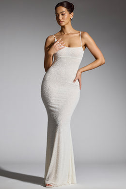 Zdobiona asymetryczna sukienka maxi w kolorze białym