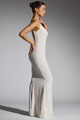 Zdobiona asymetryczna sukienka maxi w kolorze białym