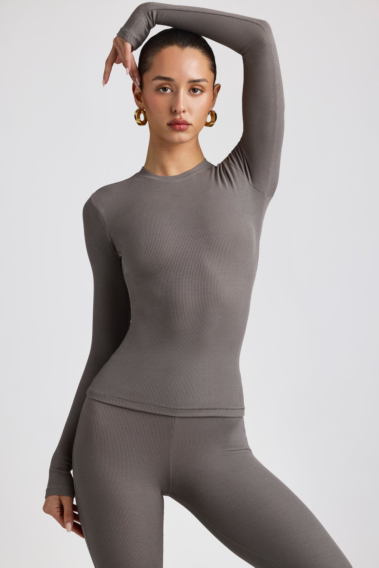 Clio Ribbed Modal Long Sleeve Crew Neck Top in Grey | Oh Polly