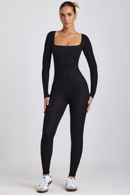 Tall Ribbed Modal Long Sleeve Jumpsuit in Black