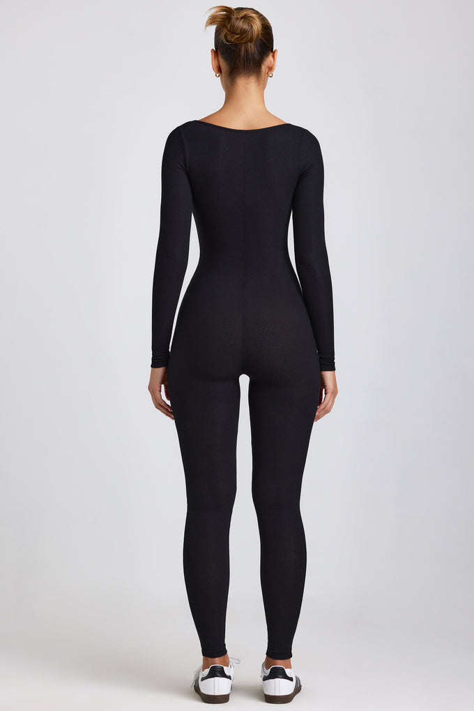Petite Ribbed Modal Long Sleeve Jumpsuit in Black