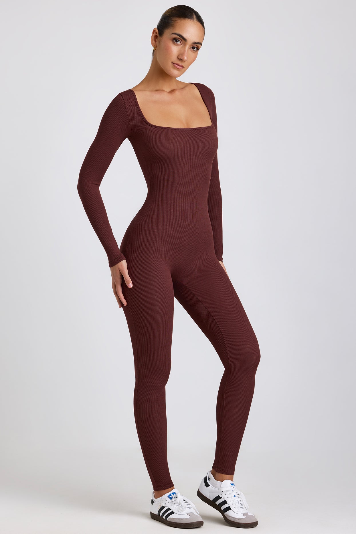 Ribbed Modal Long Sleeve Jumpsuit in Espresso
